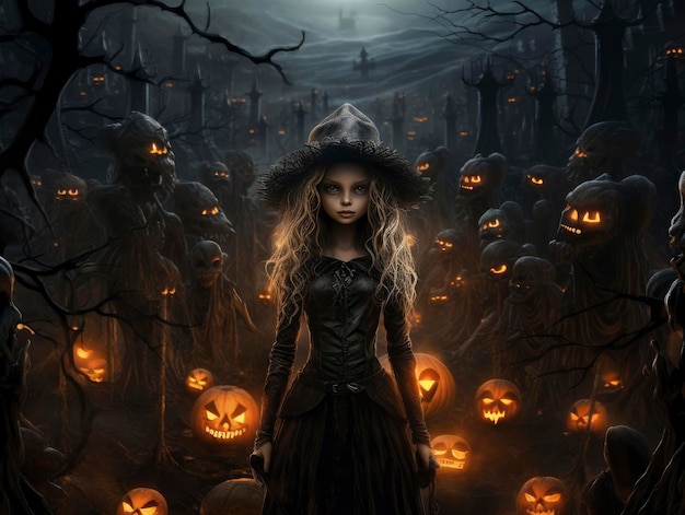 Halloween scary background with witch and pumpkins