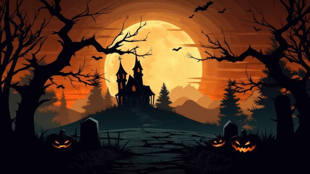 Halloween scary forest full moon and pumpkin background