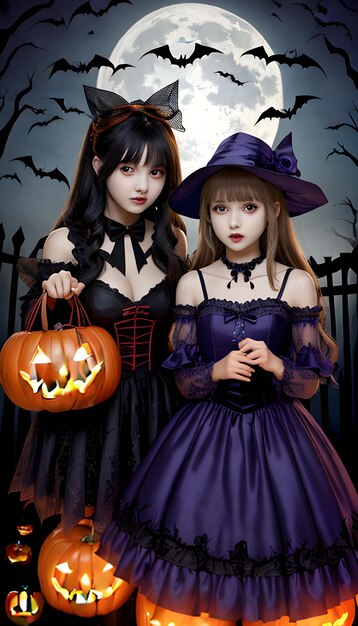 Halloween scary girls with Halloween Background