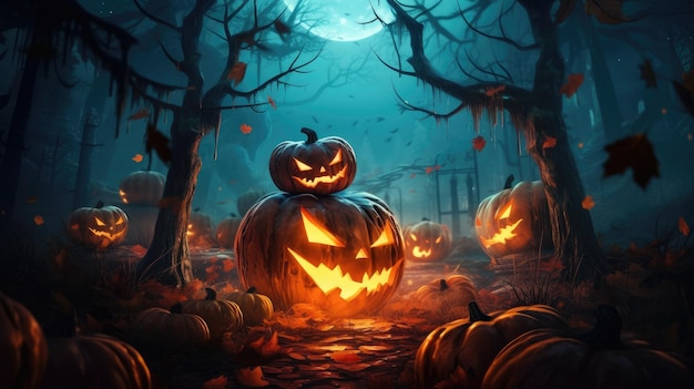 Premium AI Image | Halloween scary night wallpaper with evil pumpkins