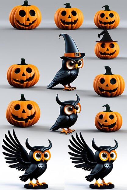 Halloween scary owl on the pumpkin on dark night 3d render