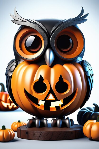 Halloween scary owl on the pumpkin on dark night 3d render