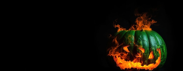 Halloween scary pumpkin in green fire black background AI generated