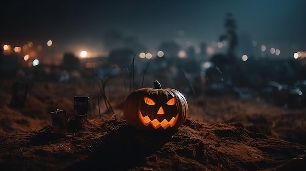 Halloween scary pumpkin with fire in the cemetery at night grave background AI generated