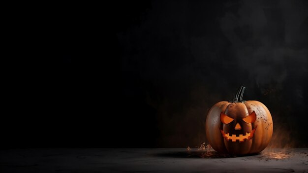 Photo a halloween scary pumpkin with in fire on a dark background generated ai