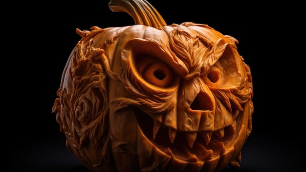Halloween scary pumpkin with fire dark background Header banner mockup with copy space AI generated