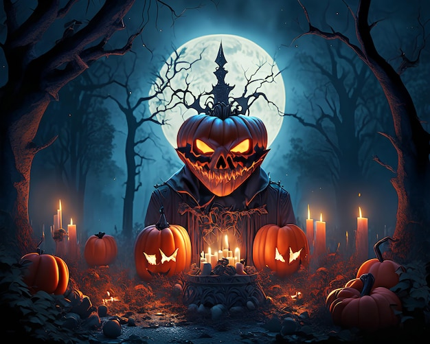 Halloween scary pumpkin with fire decoration at horror dark night background A I Generated