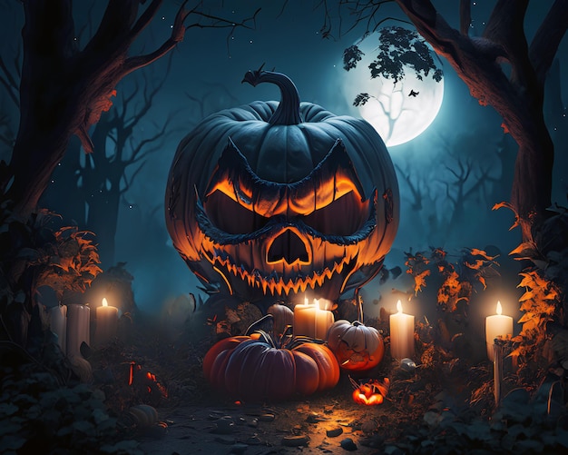 Halloween scary pumpkin with fire decoration at horror dark night background A I Generated