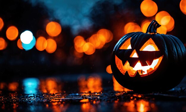 Photo halloween scary pumpkin with a smile in autumn forest