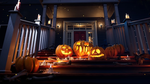 Halloween scary pumpkins on the yard holiday spooky pumpkin