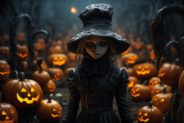 halloween scary scene pumpkins and weird girl