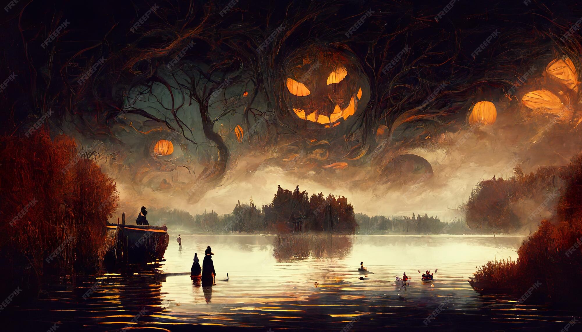 Premium AI Image Halloween scary spooky lake Jack O Lantern creepy