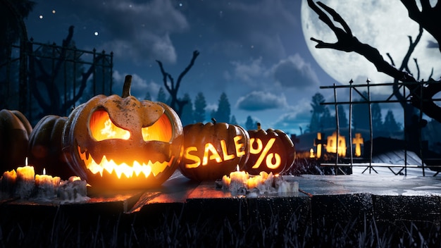 Photo halloween scary spooky pumpkin on fire around mystic night and cemetery holiday discounts pumpkin