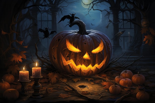 Halloween scary spooky pumpkin head with candles lights at night time Holiday concept