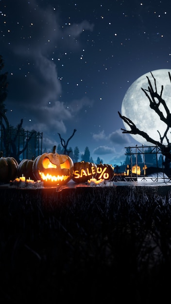 Фото Хэллоуин страшная жуткая тыква в огне вокруг мистической ночи и праздничные скидки на кладбище тыква