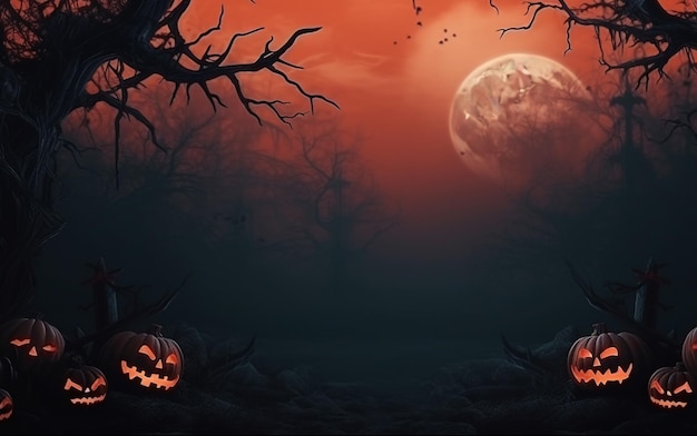 Halloween scene background with glowing eyes of jack o lanterns forest and bats