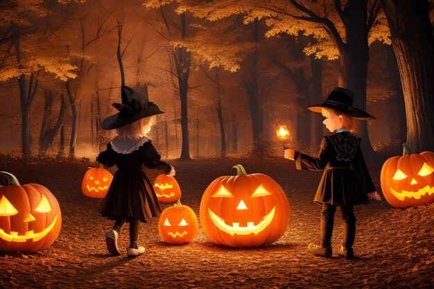 Halloween scene Children in costumes explore a mystical forest lit starry night sky