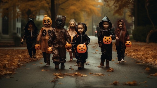 Сцена Хэллоуина. Дети в костюмах идут просить конфеты.