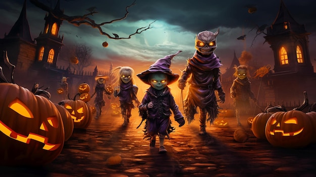 halloween scene children costumized going to ask for candies