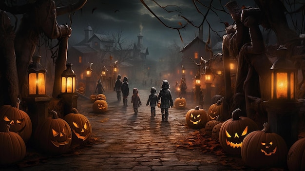 Halloween scene children costumized going to ask for candies