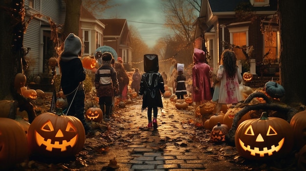 Foto scena di halloween bambini in costume che vanno a chiedere caramelle