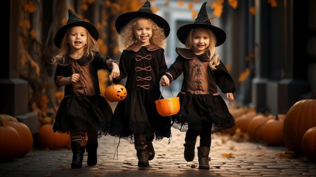 Halloween scene children costumized going to ask for candies