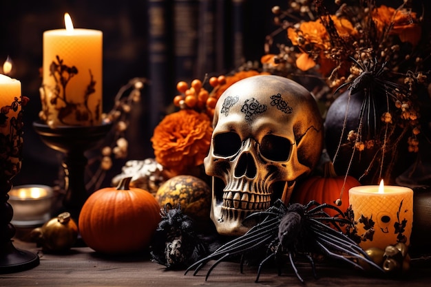 Halloween scene featuring an altar adorned with a skull spider lit candles flowers and a Halloween pumpkin