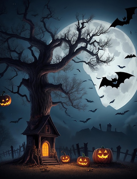 Halloween scene horror achtergrond met dode boom griezelige pompoenen achtervolgd kwaad huis 's nachts met