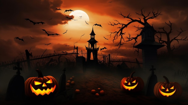 Halloween scene horror achtergrond met griezelige pompoenen van griezelig halloween spookhuis Evil houseat night met volle maan Generatieve AI