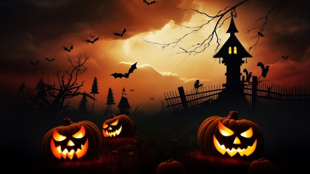 Halloween scene horror achtergrond met griezelige pompoenen van griezelig halloween spookhuis Evil houseat night met volle maan Generatieve AI