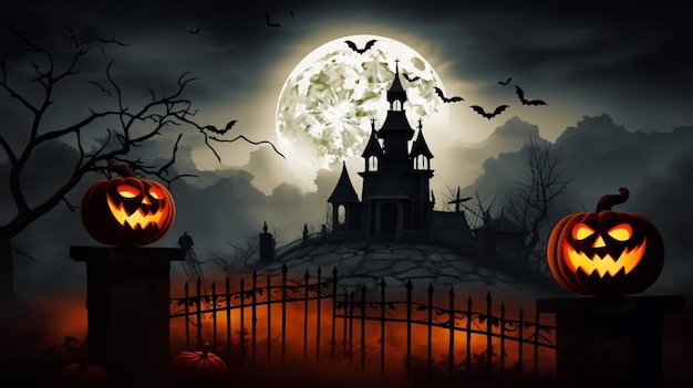 Halloween scene horror achtergrond met griezelige pompoenen van griezelig halloween spookhuis Evil houseat night met volle maan Generatieve AI