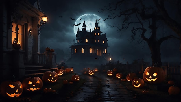 Halloween scene horror background design with devil pumpkins wallpaper generated by AI