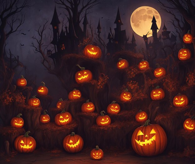 Halloween scene horror background with creepy pumpkins of spooky generated by AI