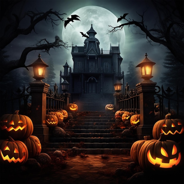 Photo halloween scene horror background with creepy pumpkins of spooky halloween ai generative