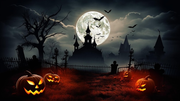 Halloween scene horror background with creepy pumpkins of spooky halloween haunted mansion Evil houseat night with full moon Generative AI