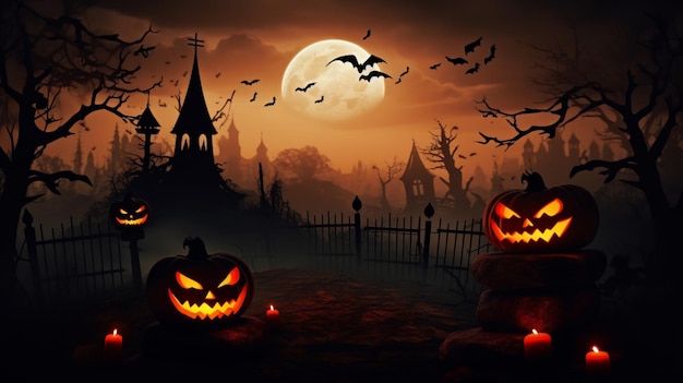 Halloween scene horror background with creepy pumpkins of spooky halloween haunted mansion Evil houseat night with full moon Generative AI