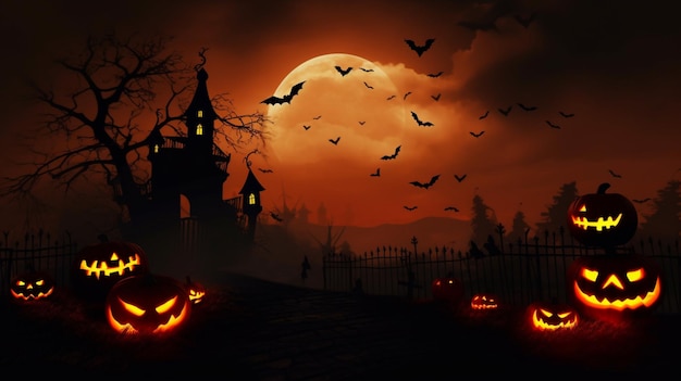 Halloween scene horror background with creepy pumpkins of spooky halloween haunted mansion Evil houseat night with full moon Generative AI