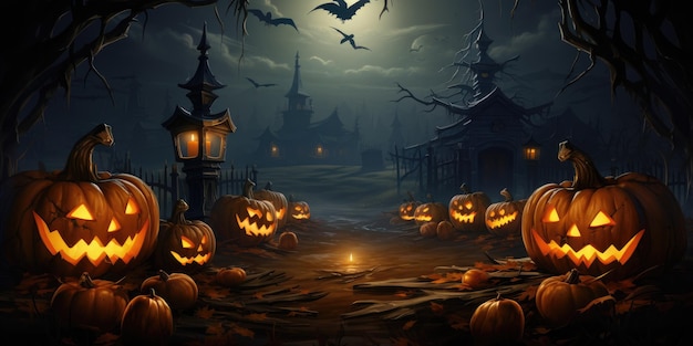 Halloween scene horror background with creepy pumpkins of spooky Halloween haunted mansion Generative AI