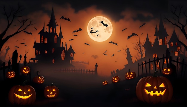 Photo halloween scene horror background with creepy pumpkins of spooky haunted mansion generative ai