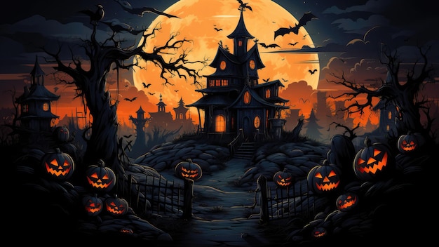 halloween scene horror background with creepy pumpkins