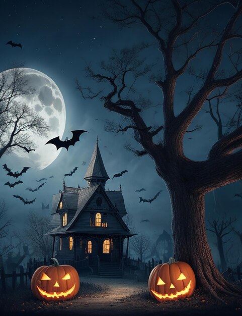 ハロウィーンのシーンのホラー背景に死んだ木の不気味なカボチャと夜に幽霊の出る邪悪な家