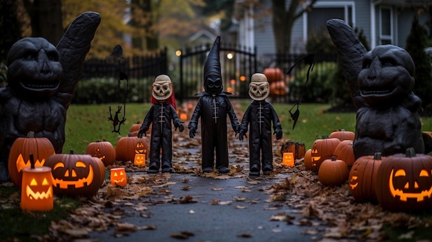Halloween scène kinderen gekostumeerd gaan om snoep te vragen