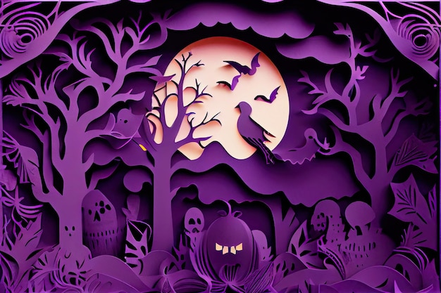 Halloween scene made of purple paper ai generative