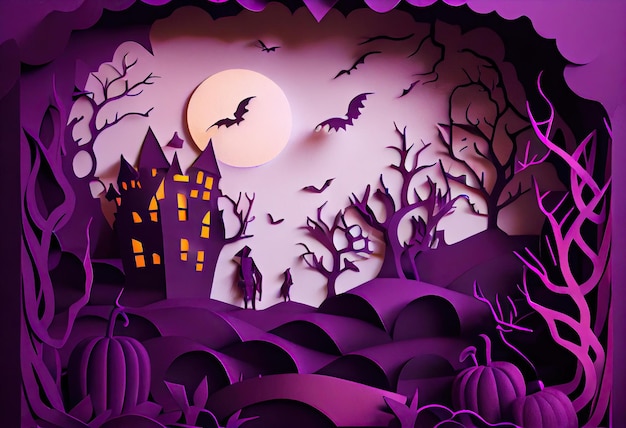 Halloween scene made of purple paper