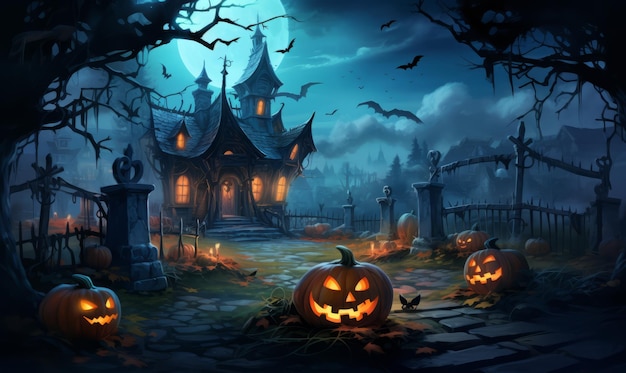 halloween-scène met een begraafplaatspompoenen en graven