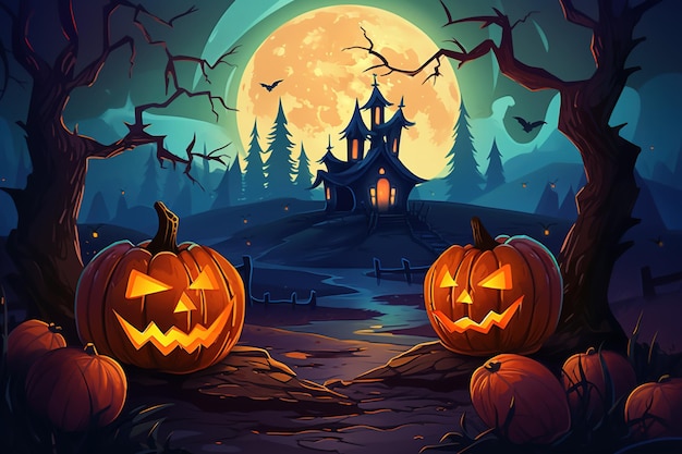 Halloween-scene met JackoLanterns Spooky Castle Volle maan Hemel Bomen Vliegende vleermuizen