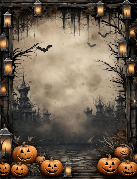 Halloween scène met pompoenen en lantaarns in een spookachtig bos generatieve ai