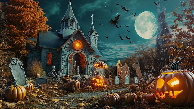 Halloween Scene Party Of Pumpkins And Zombies In Graveyard At Moonlight Generative Ai