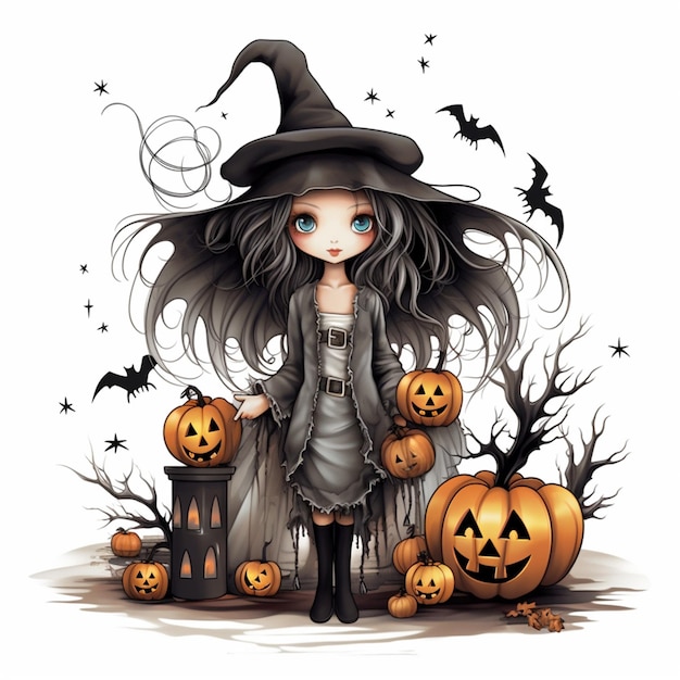 Halloween scene witch cute clipart in the style 2