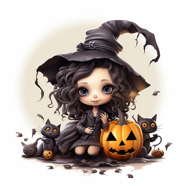 Halloween scene witch cute clipart in the style